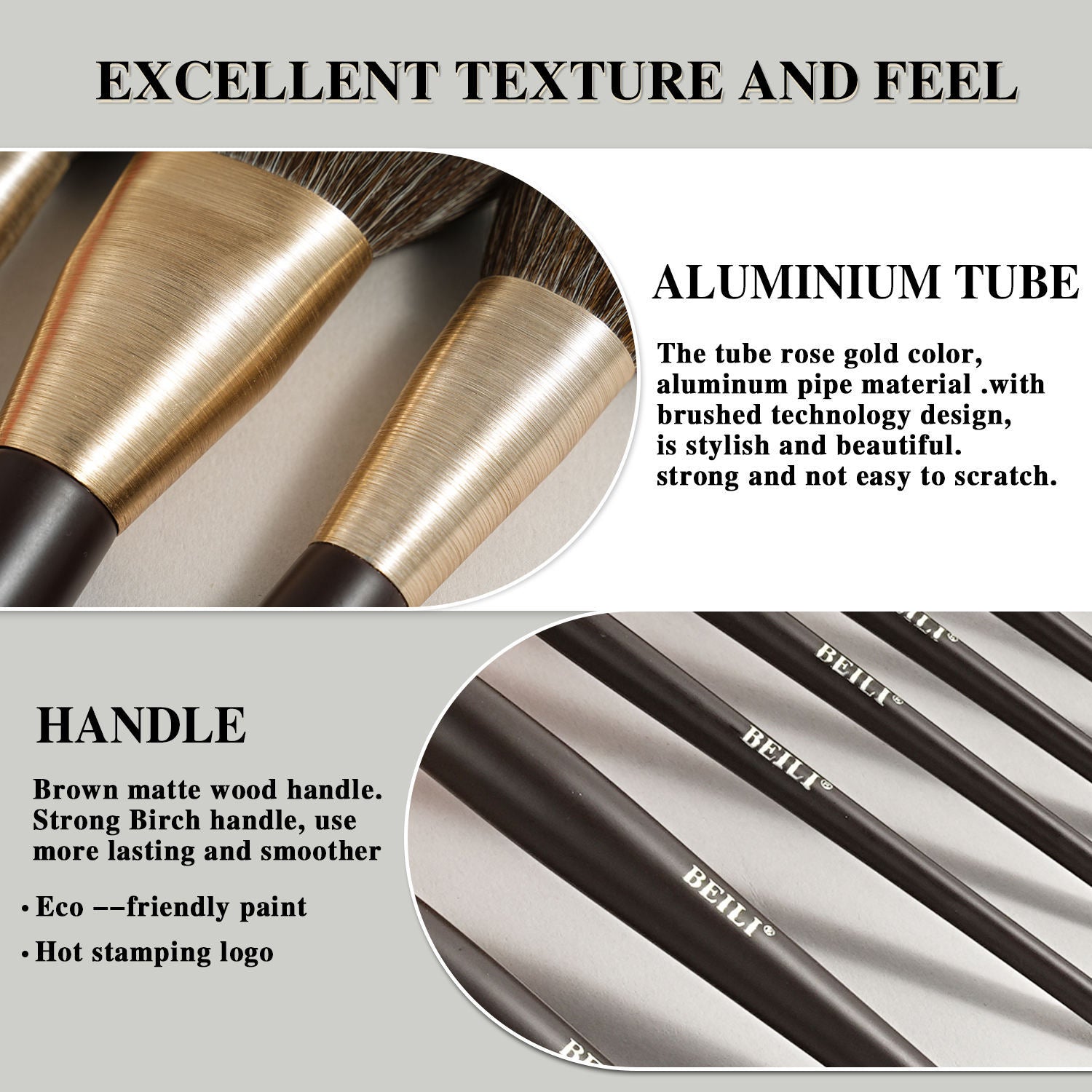 Baili 10pcs Rose Gold Tube Synthetic Hair Vegan Luxury Makeup Brush Set Contour Blush Brush Set