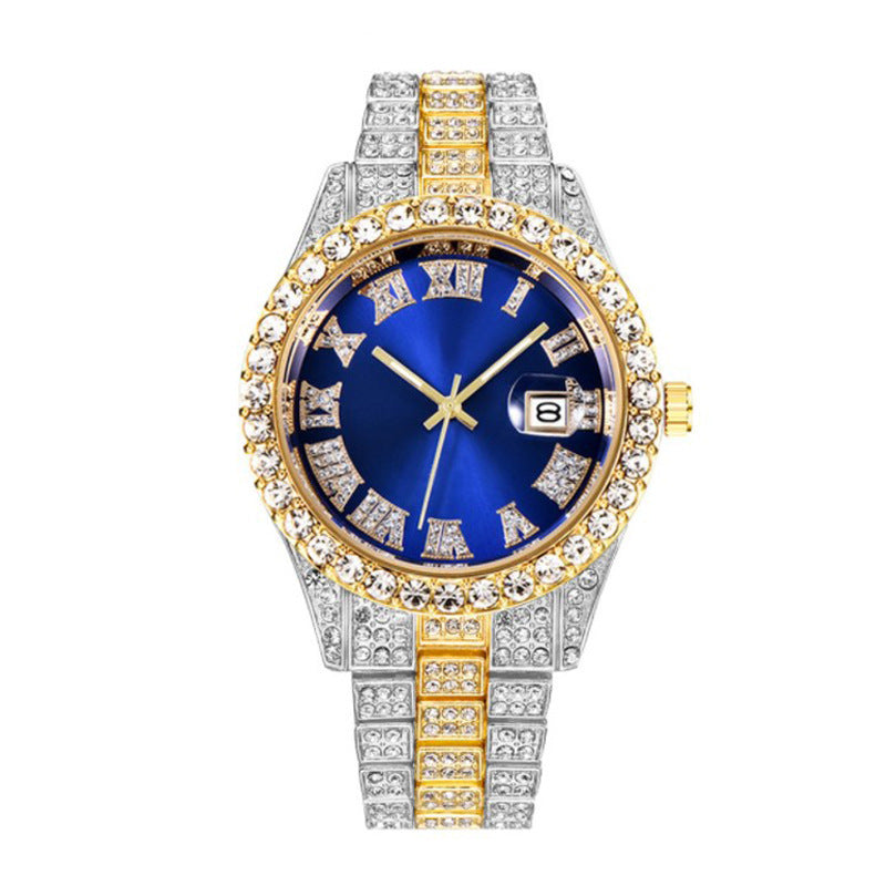 Men's Hip Hop Roman Scale Diamond Studded Calendar Quartz Watch
