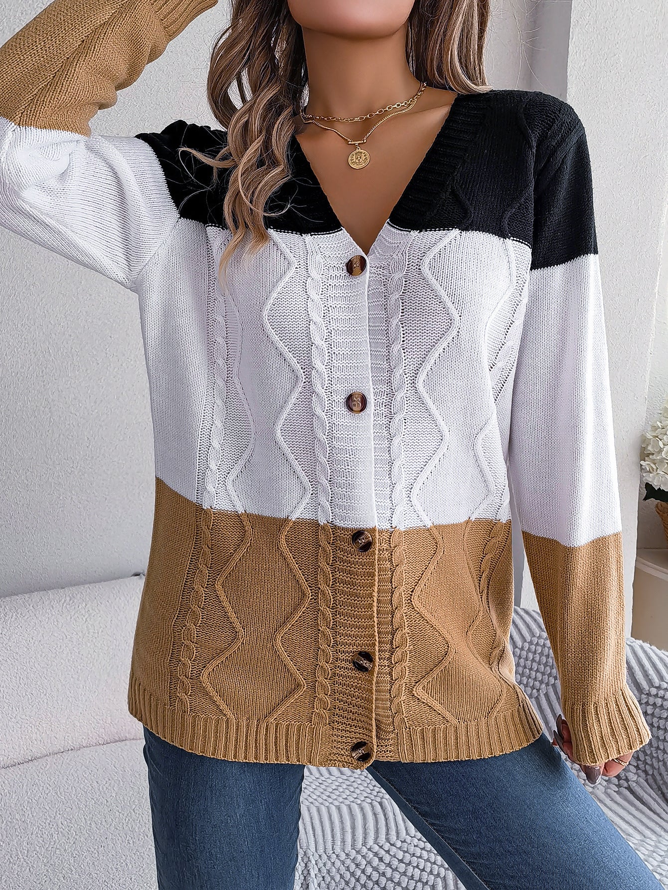 Casual Contrast Color Button Long Sleeve Sweater