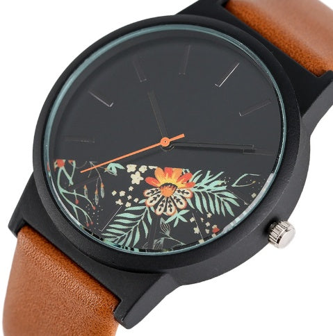 New half flower cut strap ladies watch Literary print quartz watch
