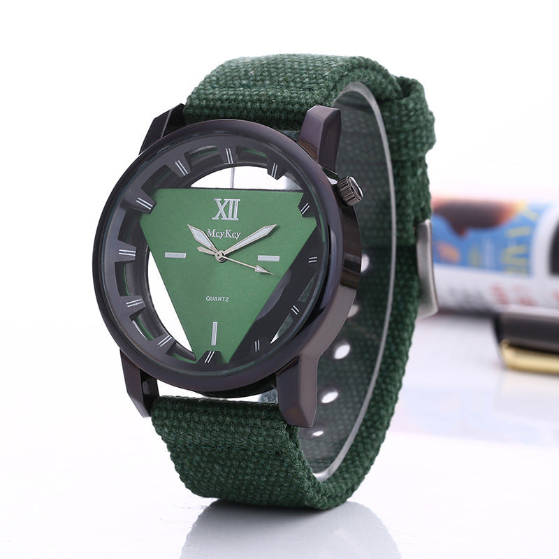 Factory direct fashion quartz watch men's canvas belt hollow inverted triangle men's and women's watches