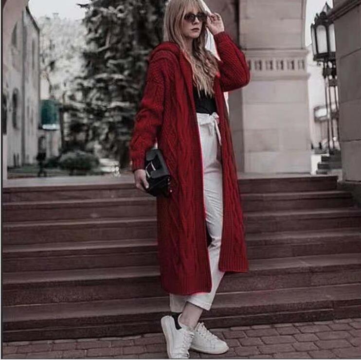 A hooded long cardigan sweater