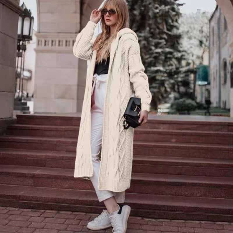 A hooded long cardigan sweater