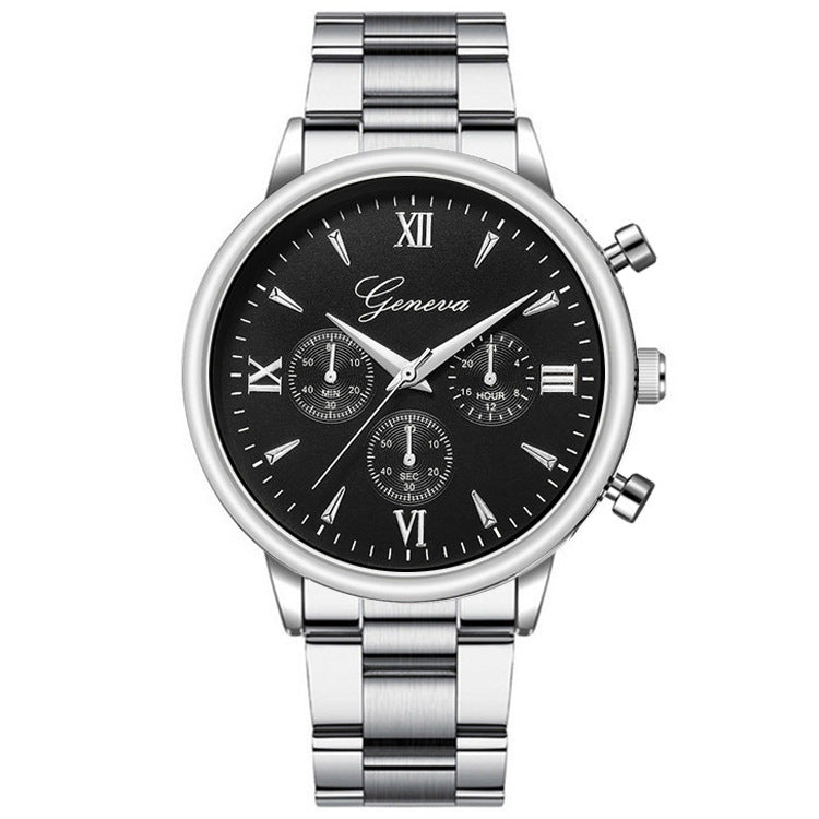 Three - eye quartz watch with steel belt