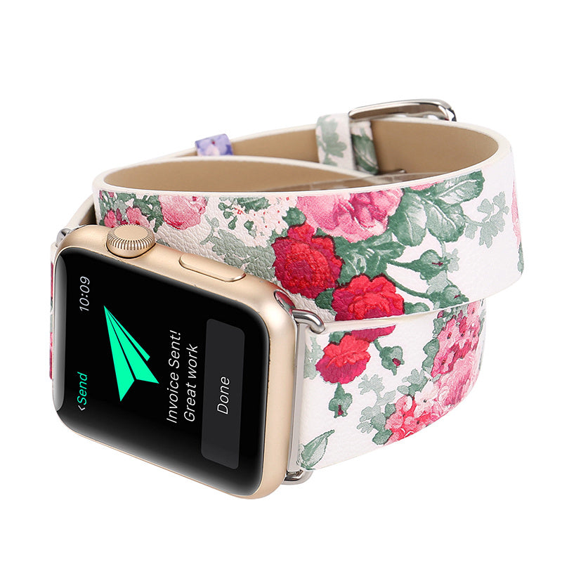 Double Loop Watch With Floral Leather Wristband For Use