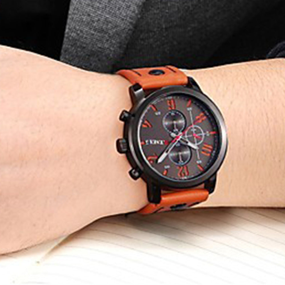 Men's fake three-eye strap watch quartz watch