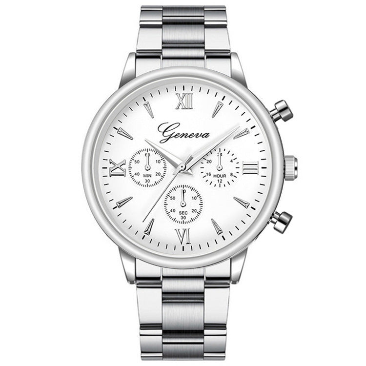 Three - eye quartz watch with steel belt