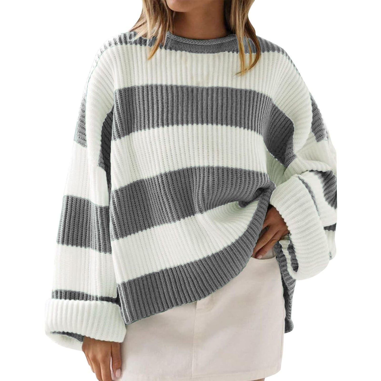 Loose Striped Sweater Fashion Casual Long Batwing Sleeve Round Neck Pullover Knit Tops Women Clothing