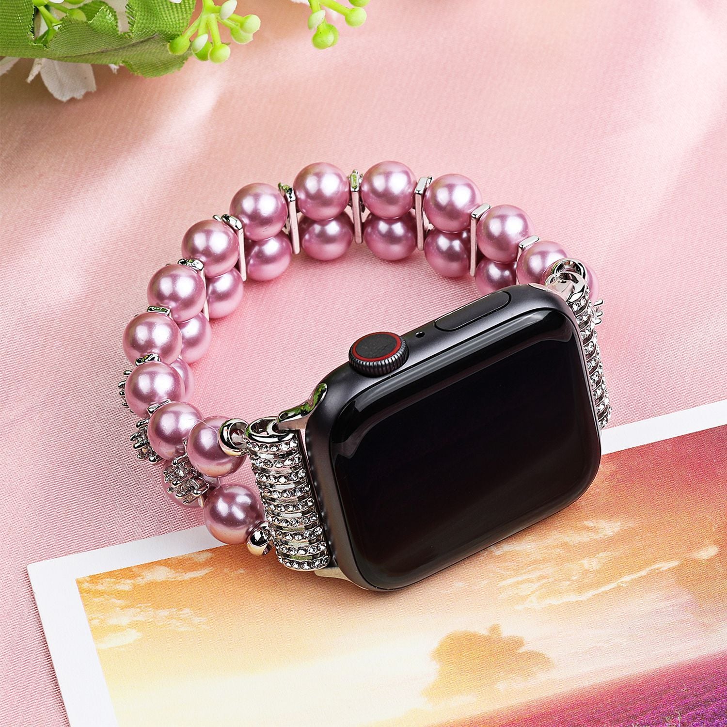Applicable Apple Watch Double Row Jewelry Strap Zircon Flower Pearl