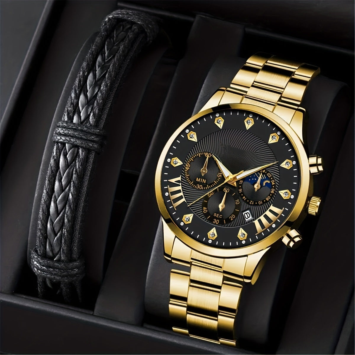 Diamond Men's Steel Strap Watch Sun Moon Star Calendar Quartz