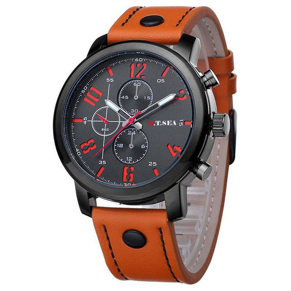 Men's fake three-eye strap watch quartz watch
