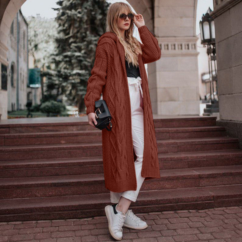 A hooded long cardigan sweater