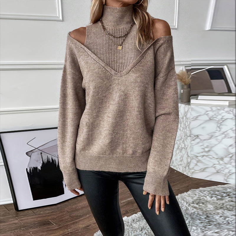 Women's Elegant Off-Shoulder Turtleneck Sweater, Solid Color Long Sleeve Knit Top For Autumn & Winter