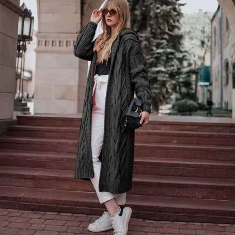 A hooded long cardigan sweater