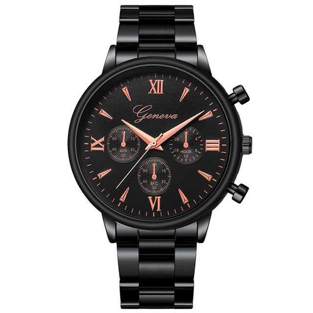 Three - eye quartz watch with steel belt