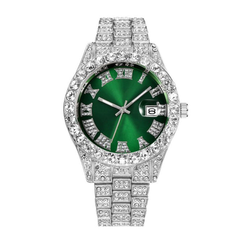 Men's Hip Hop Roman Scale Diamond Studded Calendar Quartz Watch