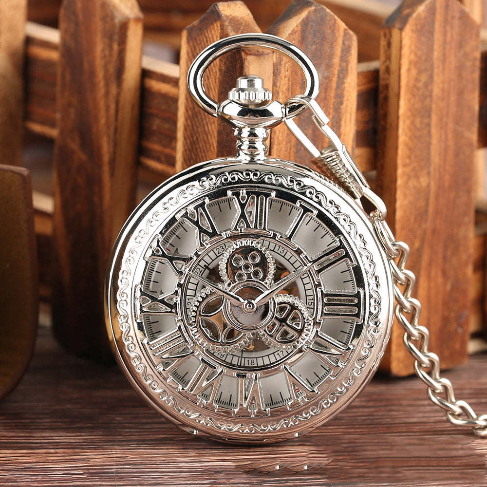 New Retro Flip Hollow Necklace Pocket Watch Red Copper Hollow Gear Roman Face