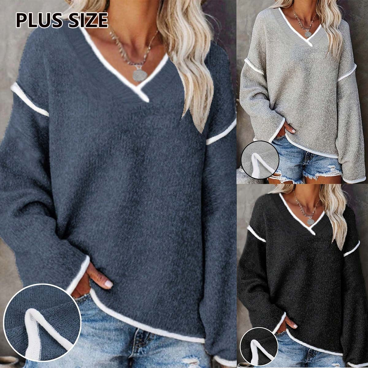 V-neck Color-contrasting Stripe Loose Casual Plus Size Women's Knitted Blouse