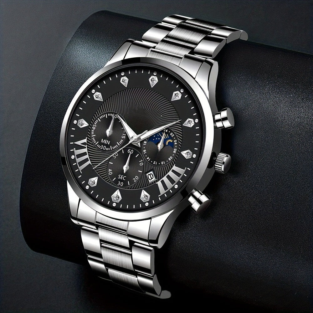 Diamond Men's Steel Strap Watch Sun Moon Star Calendar Quartz