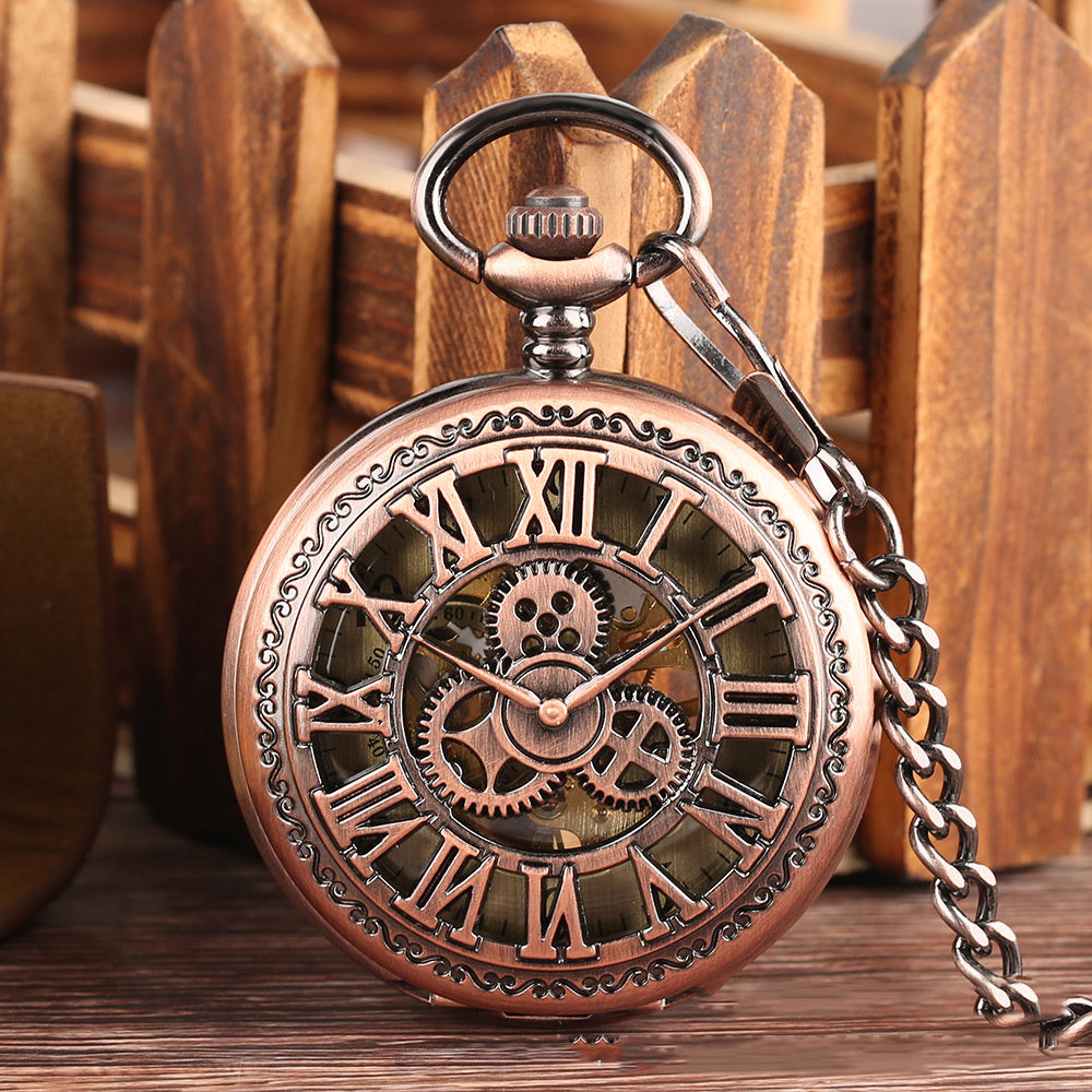 New Retro Flip Hollow Necklace Pocket Watch Red Copper Hollow Gear Roman Face