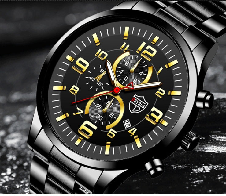 Men's Watch With Gold Large Dial Luminous Calendar Steel Band