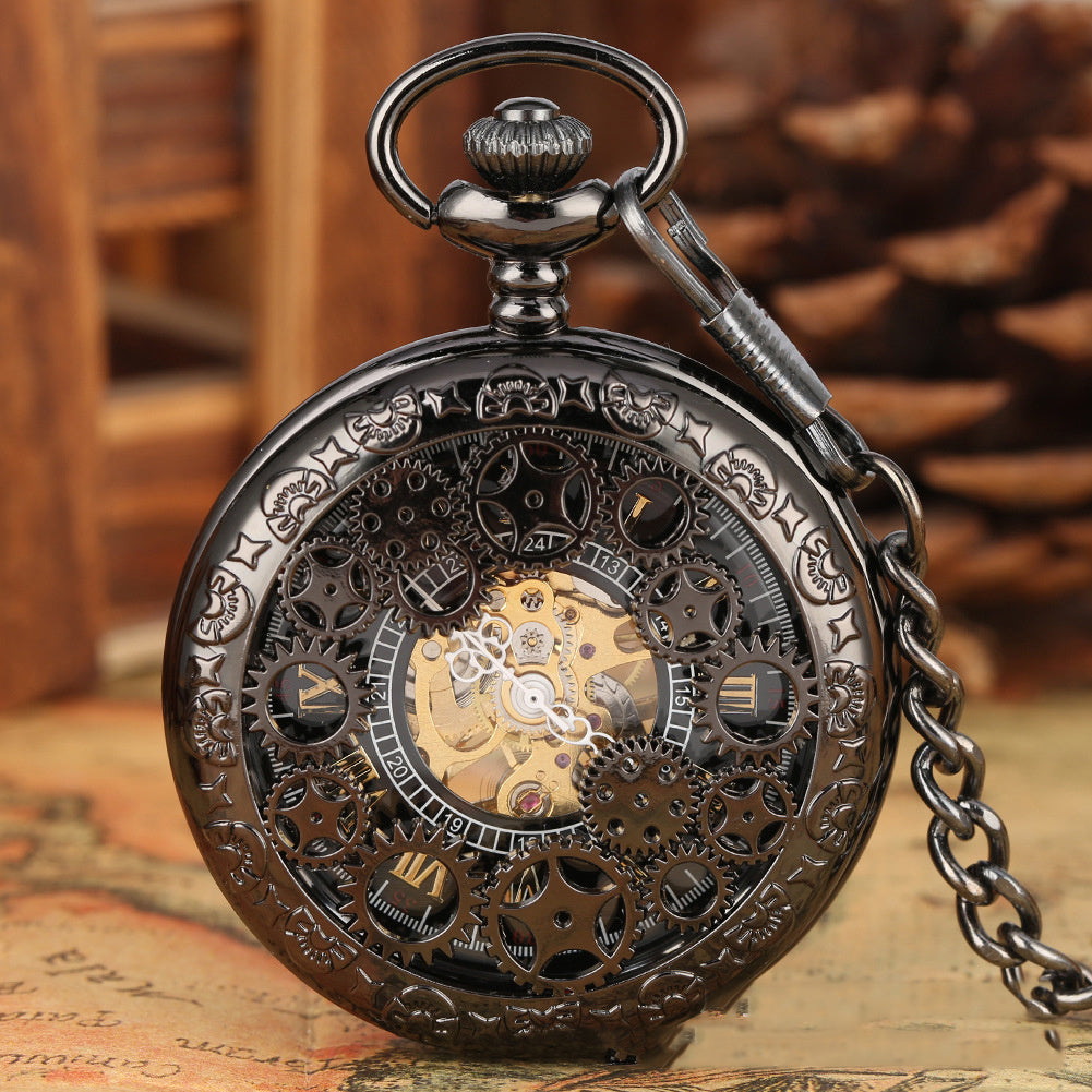 New Retro Flip Hollow Necklace Pocket Watch Red Copper Hollow Gear Roman Face