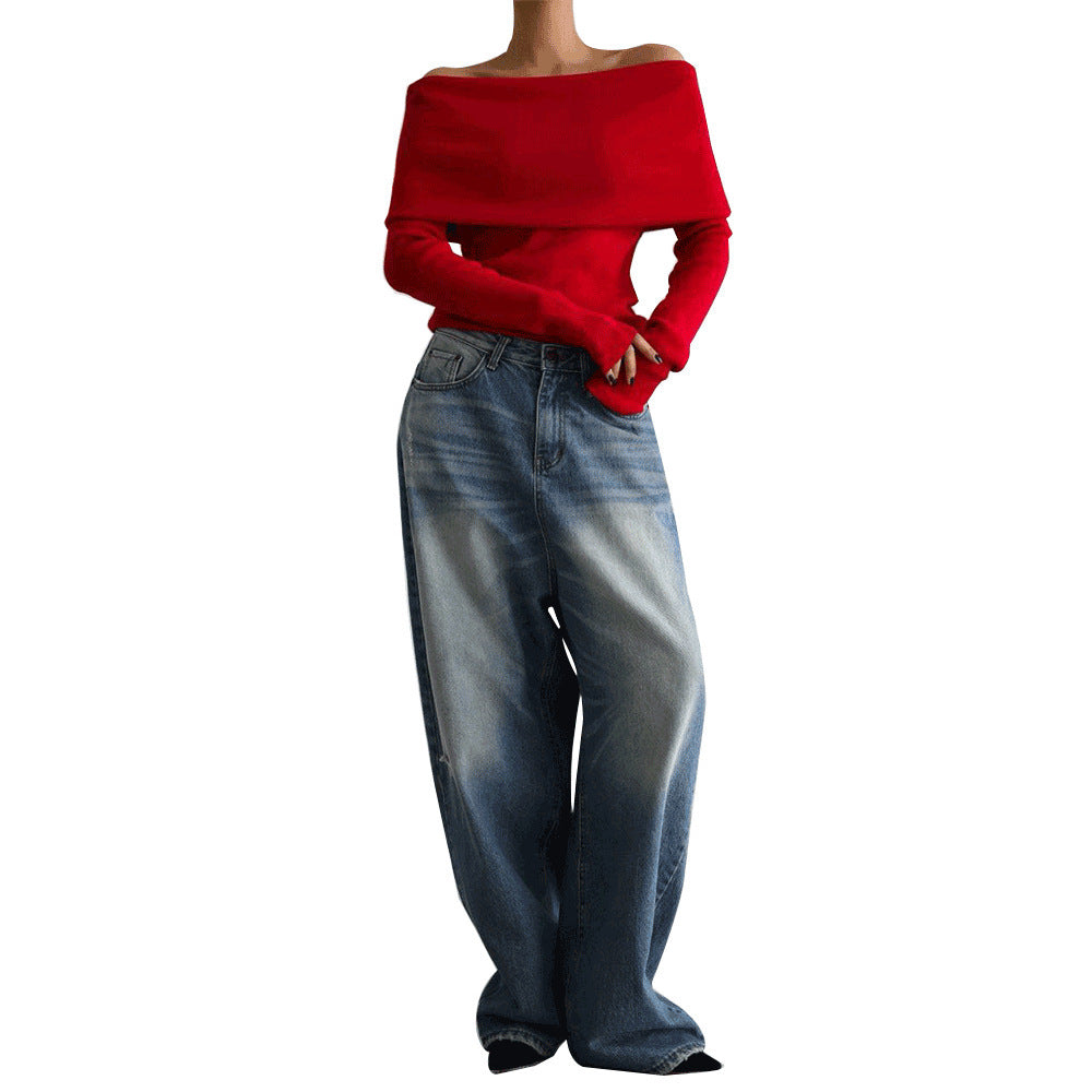 Long Sleeve Knitted Bottoming Shirt Off-shoulder