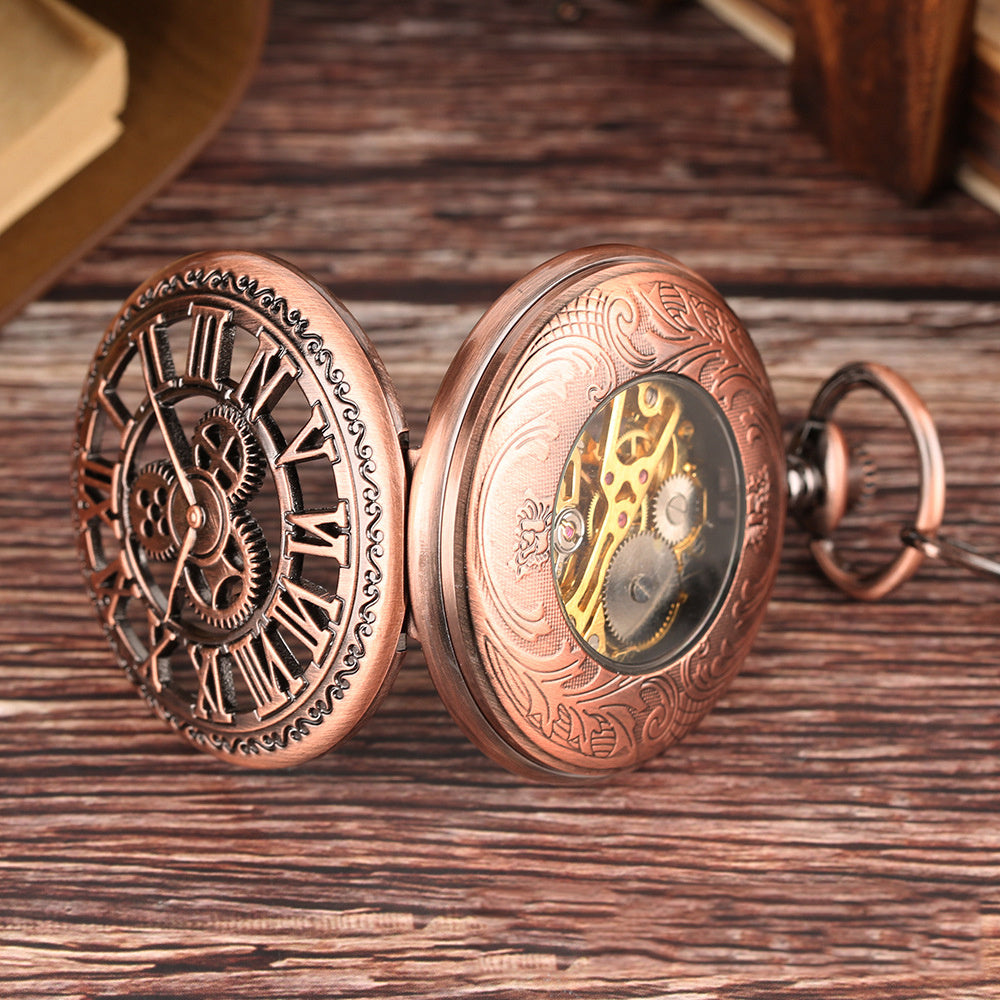 New Retro Flip Hollow Necklace Pocket Watch Red Copper Hollow Gear Roman Face