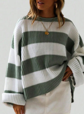 Loose Striped Sweater Fashion Casual Long Batwing Sleeve Round Neck Pullover Knit Tops Women Clothing