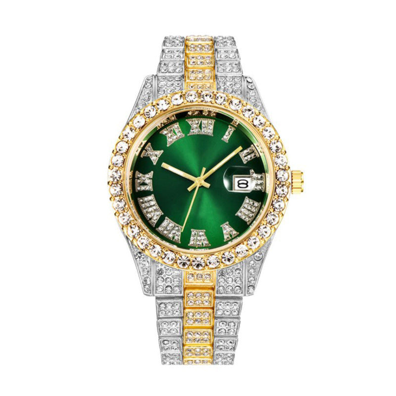 Men's Hip Hop Roman Scale Diamond Studded Calendar Quartz Watch