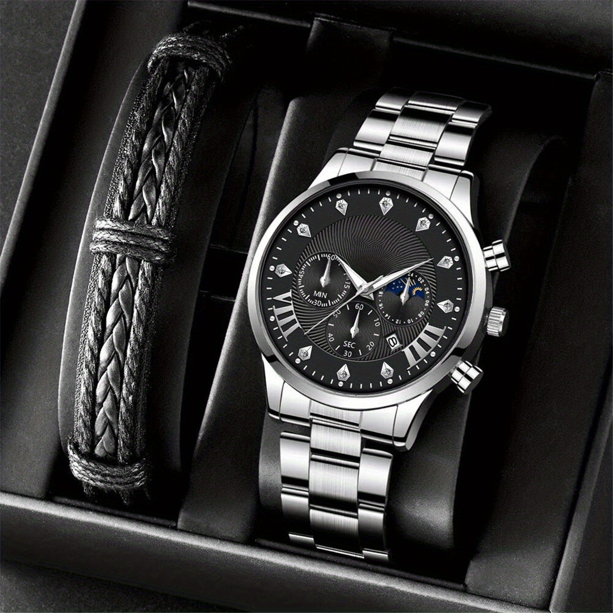 Diamond Men's Steel Strap Watch Sun Moon Star Calendar Quartz