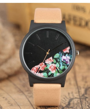 New half flower cut strap ladies watch Literary print quartz watch