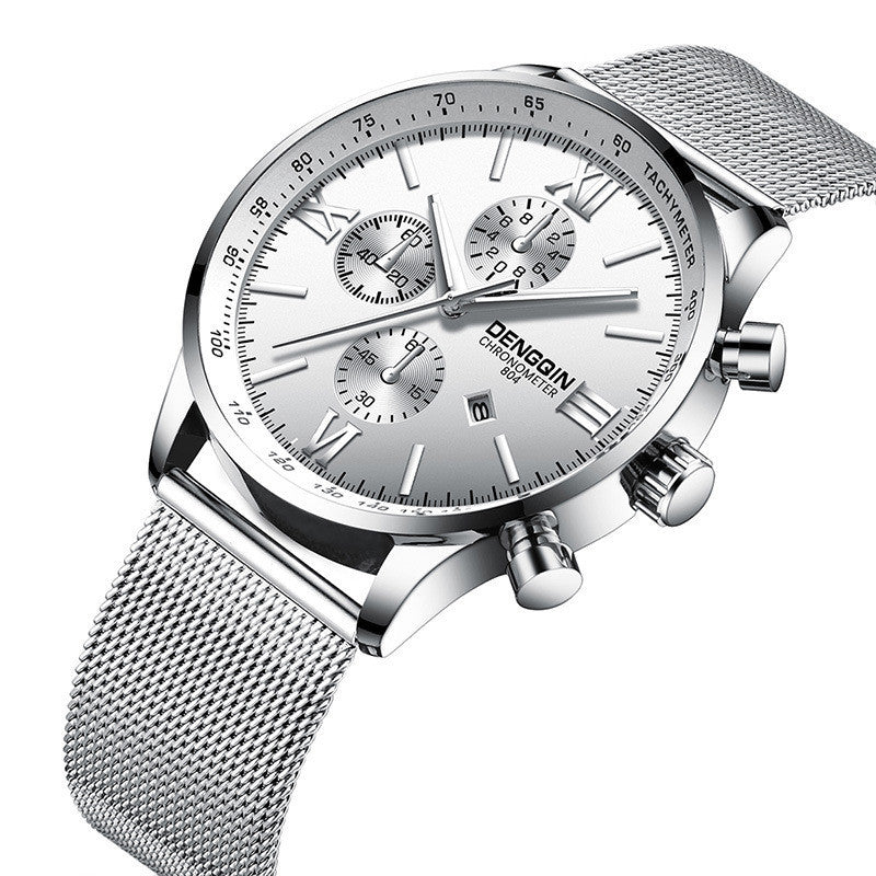 Simple steel mesh watch with calendar