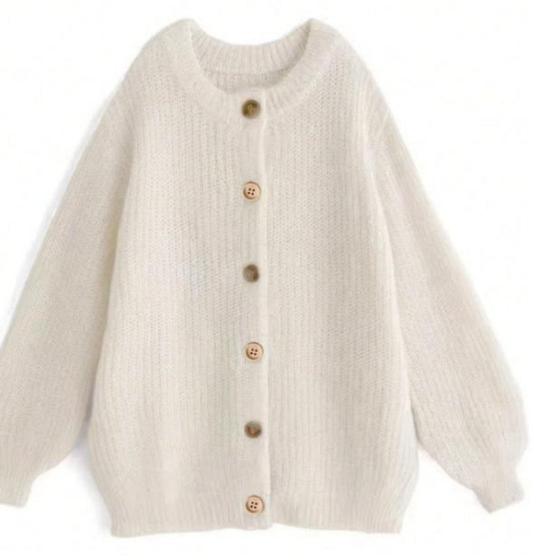 Women's Knitted Cardigan Sweater, Contrast Buttons, Chunky Knit, Gold Cuffs, Loose Long Sleeves, Spring Autumn Style