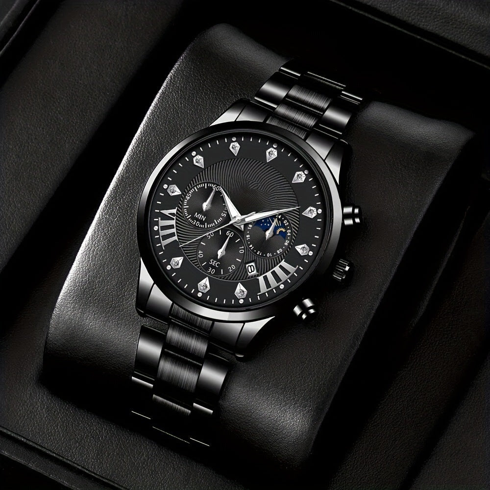 Diamond Men's Steel Strap Watch Sun Moon Star Calendar Quartz