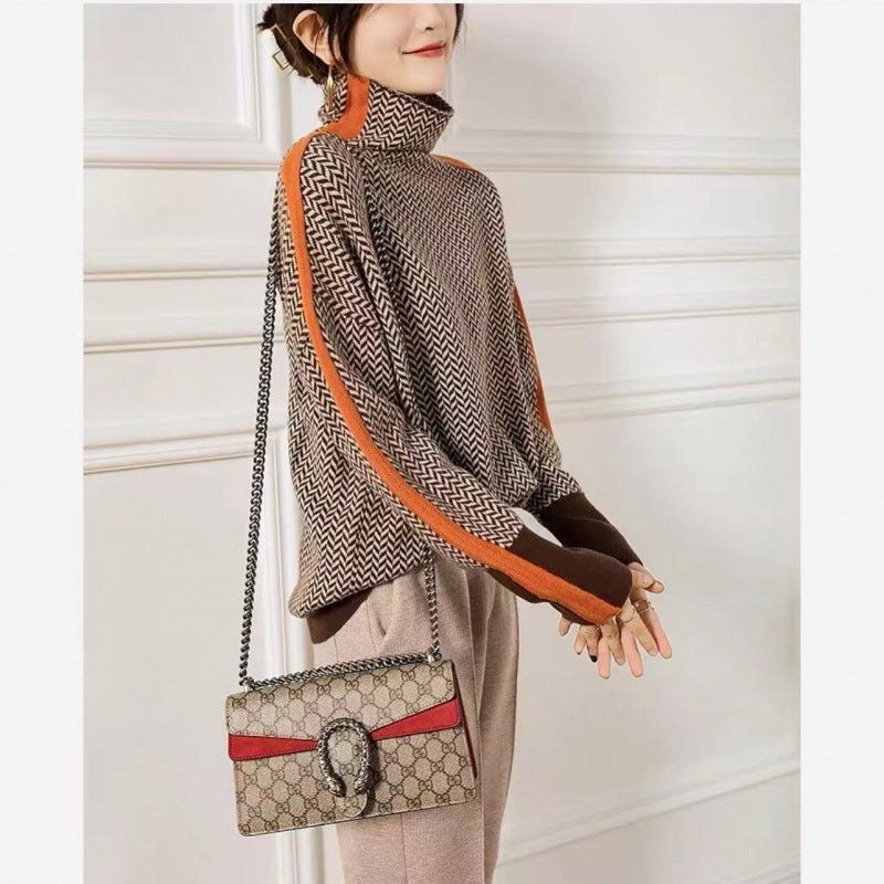 Loose Contrast Color Sleeve Full Imitation Wool Turtleneck Female Autumn And Winter