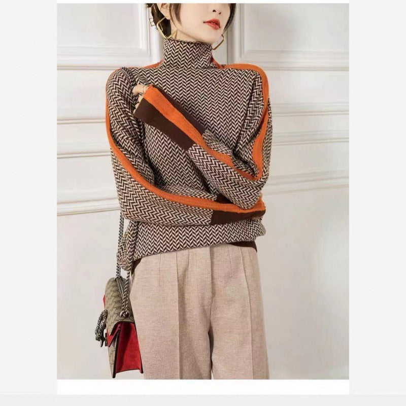 Loose Contrast Color Sleeve Full Imitation Wool Turtleneck Female Autumn And Winter