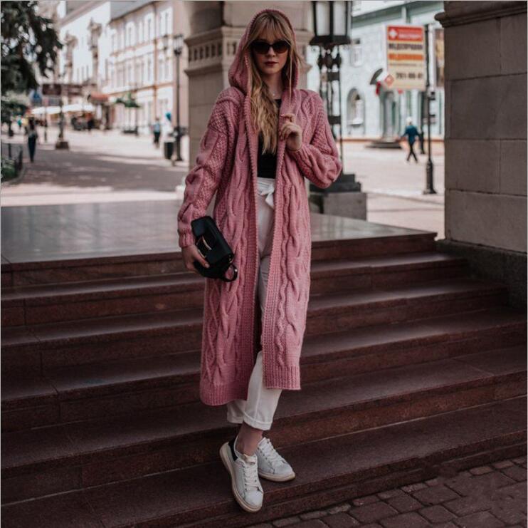 A hooded long cardigan sweater