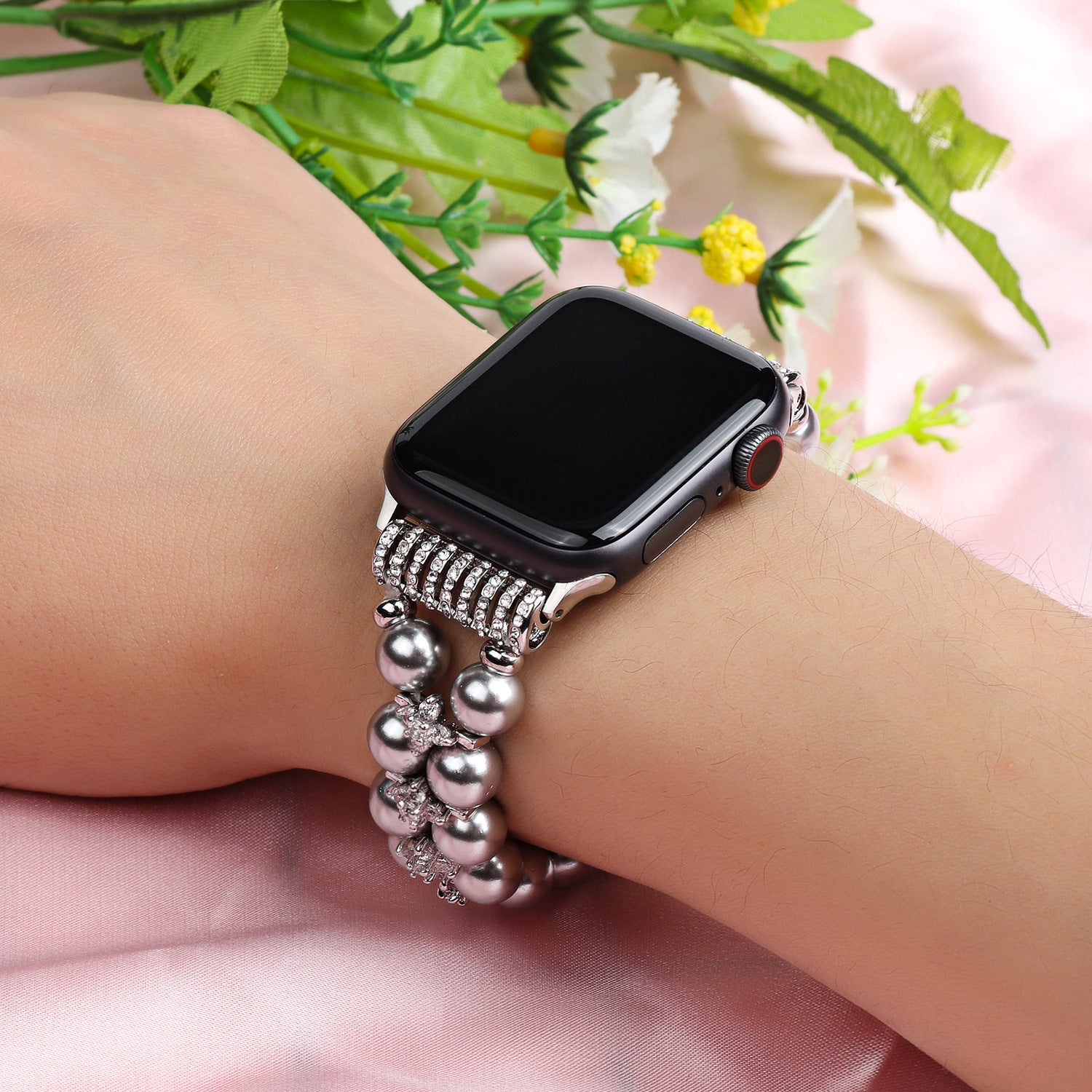 Applicable Apple Watch Double Row Jewelry Strap Zircon Flower Pearl