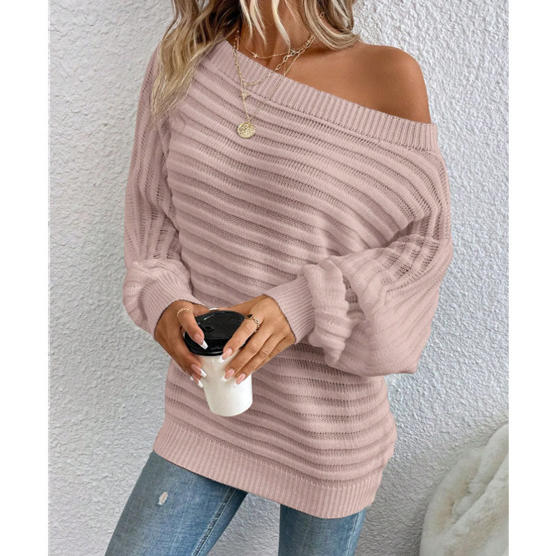 Off-neck Horizontal Pattern Sunken Stripe Pullover Knitted Top