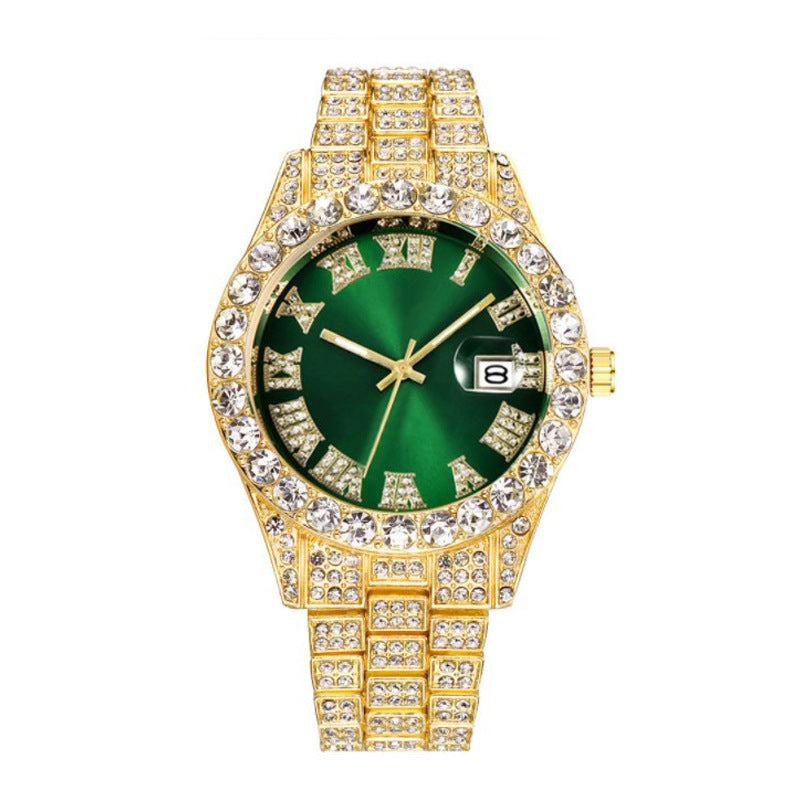 Men's Hip Hop Roman Scale Diamond Studded Calendar Quartz Watch