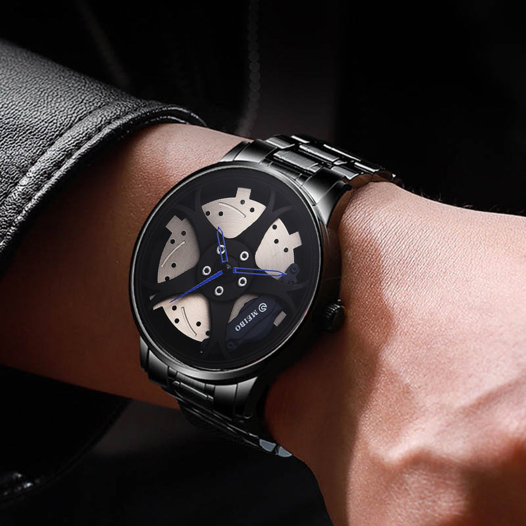 New Foreign Trade Men's Watch Fashion Trend Personalized Wheel Hub Pattern Steel Belt Men's Non Mechanical Watch Quartz Watch