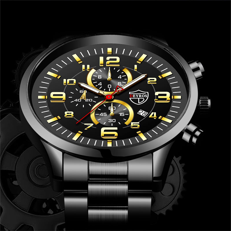 Men's Watch With Gold Large Dial Luminous Calendar Steel Band