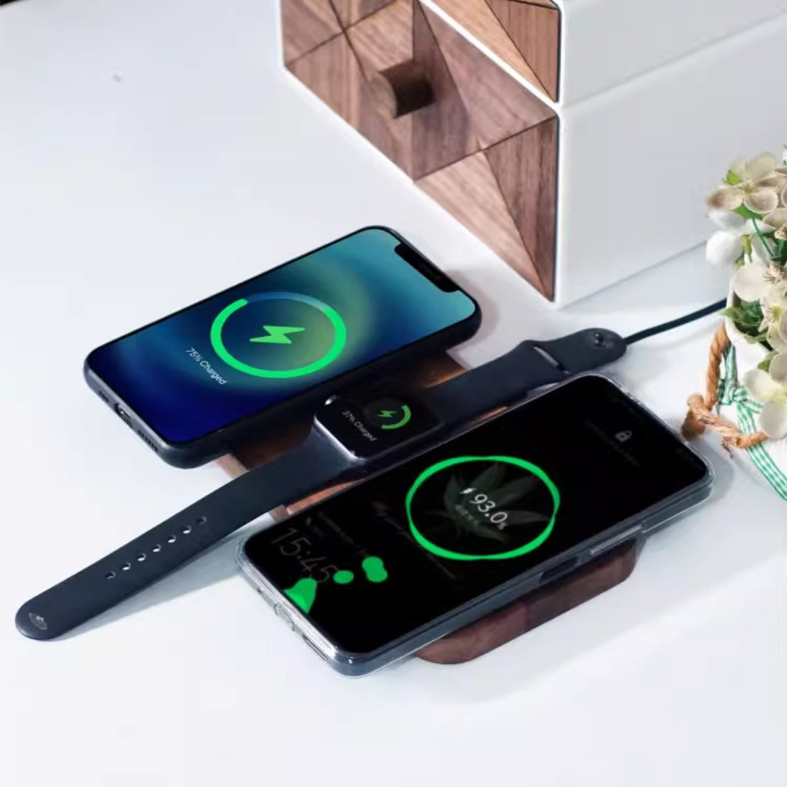 Black Walnut Genuine Goods Three-in-one Watch Headset Wireless Charger
