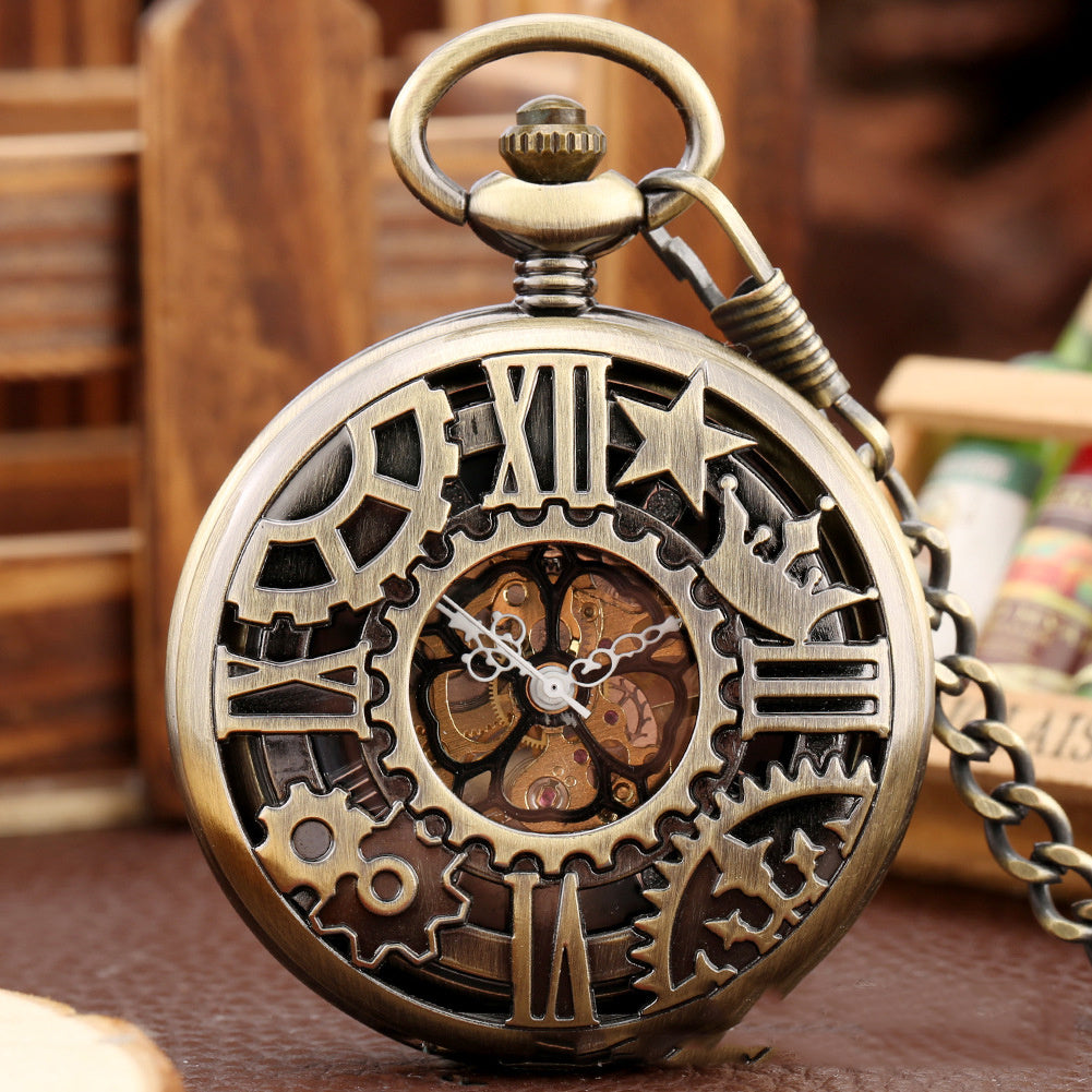 New Retro Flip Hollow Necklace Pocket Watch Red Copper Hollow Gear Roman Face
