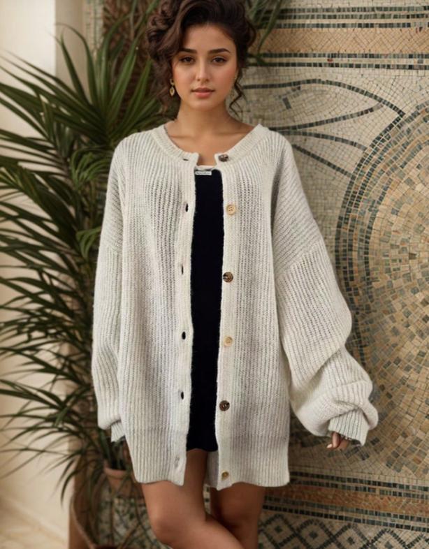 Women's Knitted Cardigan Sweater, Contrast Buttons, Chunky Knit, Gold Cuffs, Loose Long Sleeves, Spring Autumn Style