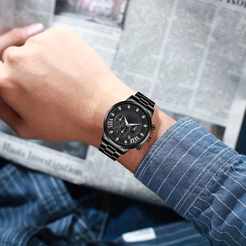 Diamond Men's Steel Strap Watch Sun Moon Star Calendar Quartz