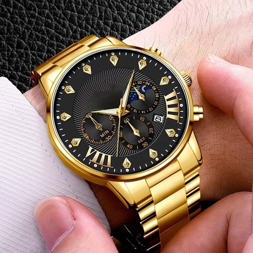Diamond Men's Steel Strap Watch Sun Moon Star Calendar Quartz