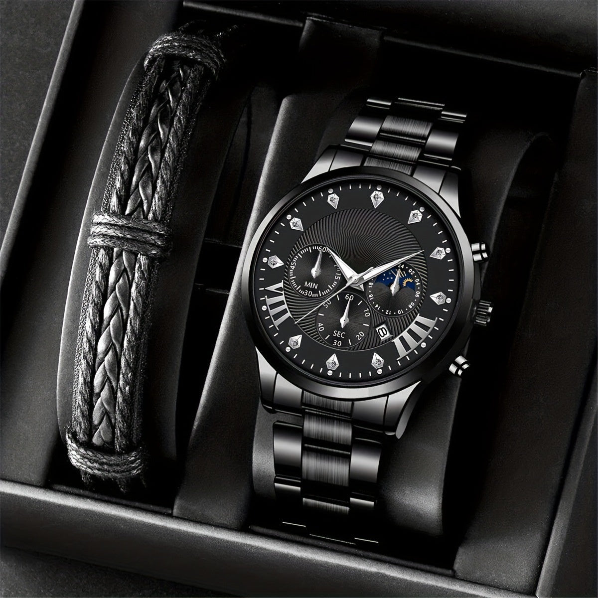 Diamond Men's Steel Strap Watch Sun Moon Star Calendar Quartz