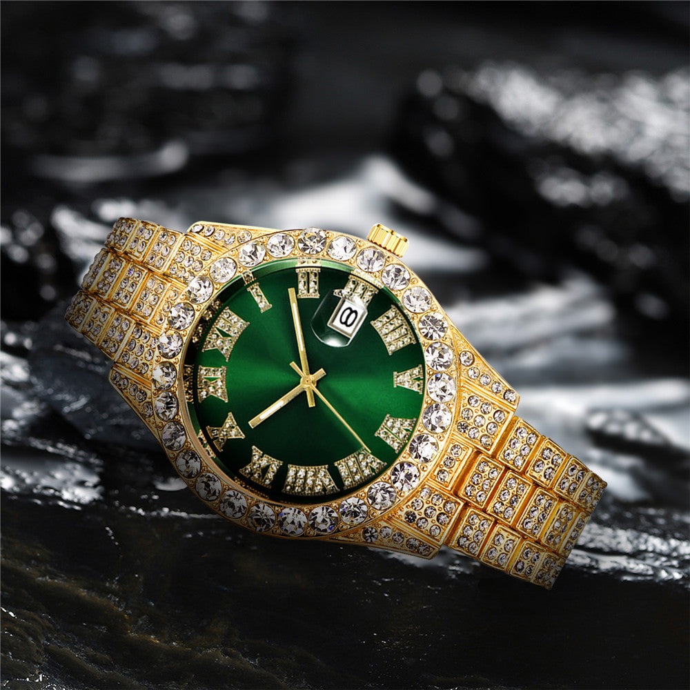 Men's Hip Hop Roman Scale Diamond Studded Calendar Quartz Watch